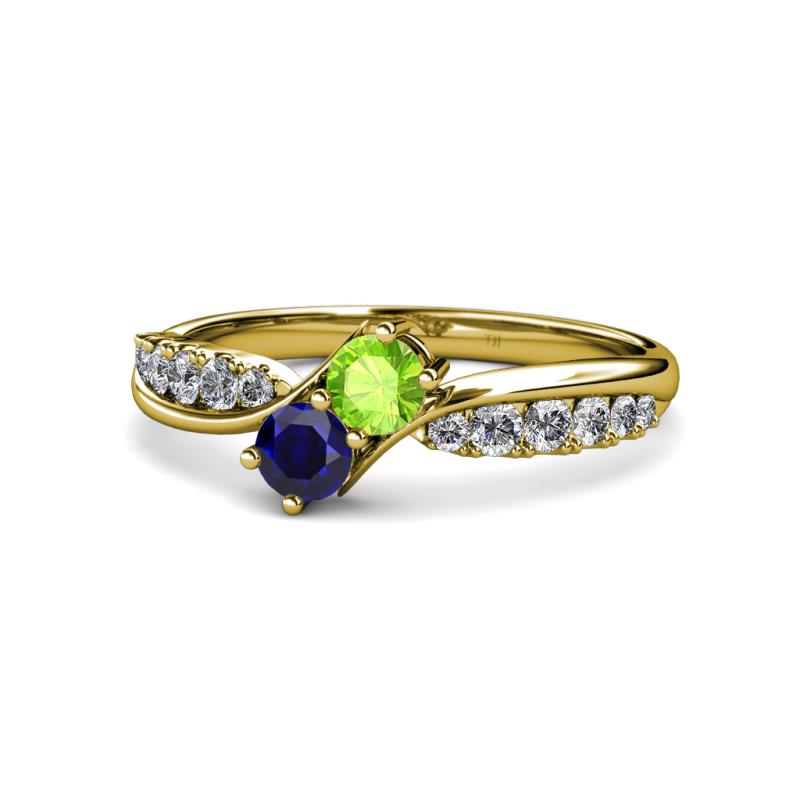Nicia Peridot and Blue Sapphire with Side Diamonds Bypass Ring 