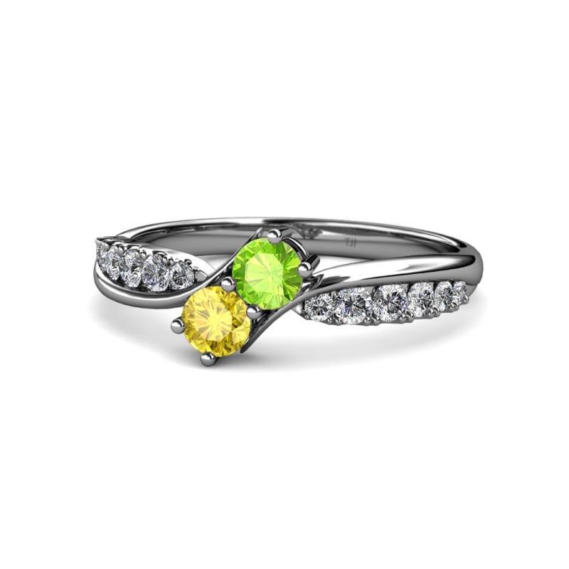 Nicia Peridot and Yellow Sapphire with Side Diamonds Bypass Ring 
