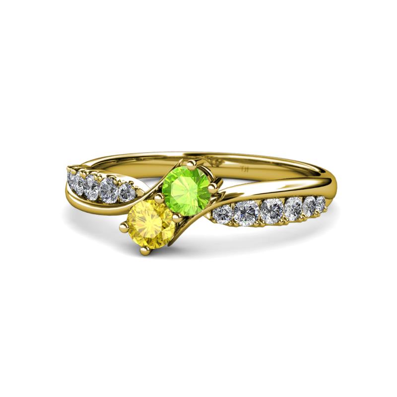 Nicia Peridot and Yellow Sapphire with Side Diamonds Bypass Ring 