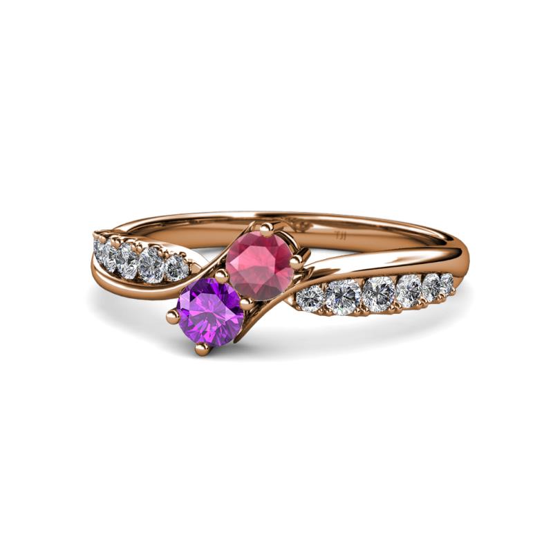 Nicia Rhodolite Garnet and Amethyst with Side Diamonds Bypass Ring 