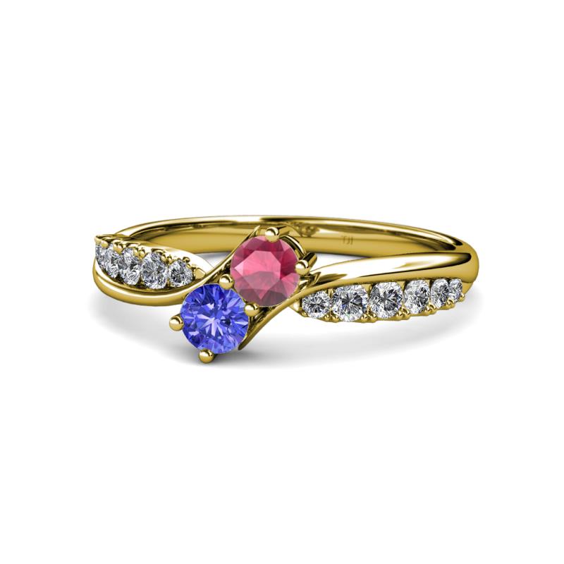 Nicia Rhodolite Garnet and Tanzanite with Side Diamonds Bypass Ring 