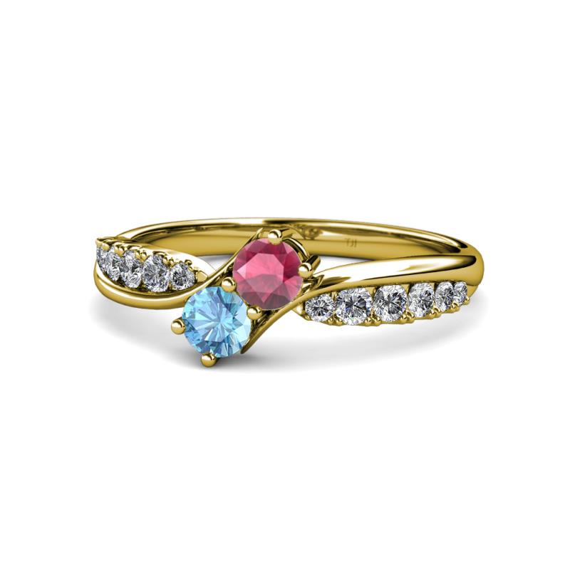 Nicia Rhodolite Garnet and Blue Topaz with Side Diamonds Bypass Ring 