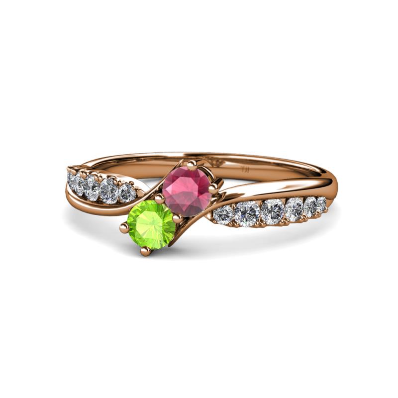 Nicia Rhodolite Garnet and Peridot with Side Diamonds Bypass Ring 