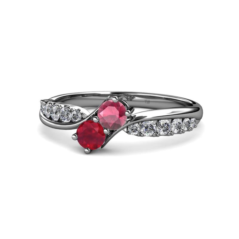 Nicia Rhodolite Garnet and Ruby with Side Diamonds Bypass Ring 