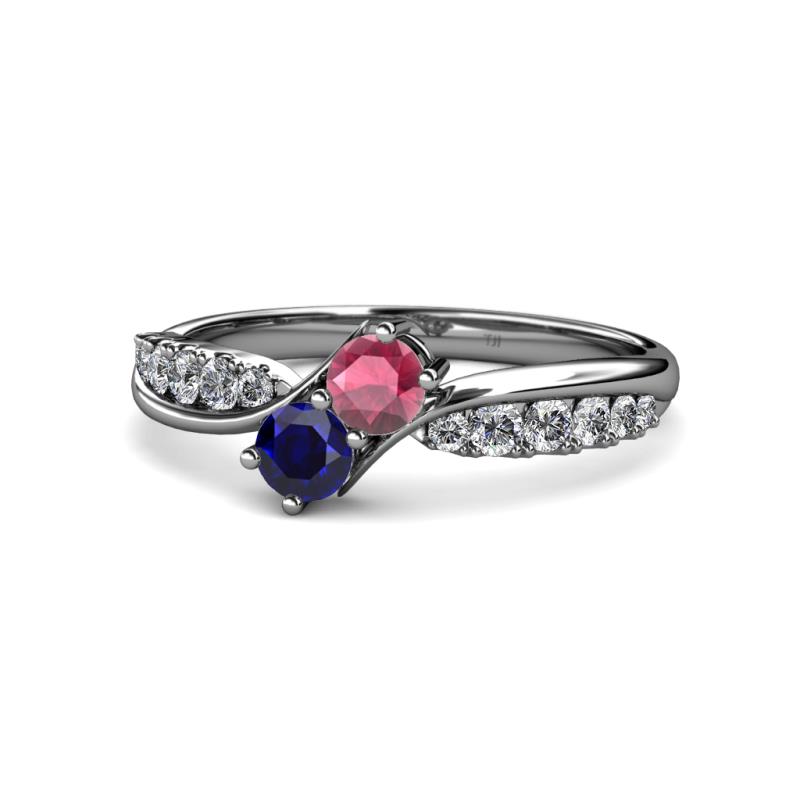 Nicia Rhodolite Garnet and Blue Sapphire with Side Diamonds Bypass Ring 