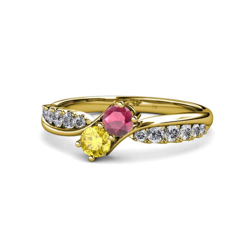 Nicia Rhodolite Garnet and Yellow Sapphire with Side Diamonds Bypass Ring 
