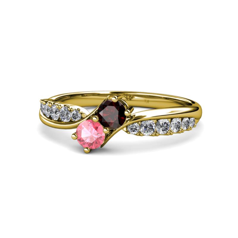 Nicia Red Garnet and Pink Tourmaline with Side Diamonds Bypass Ring 