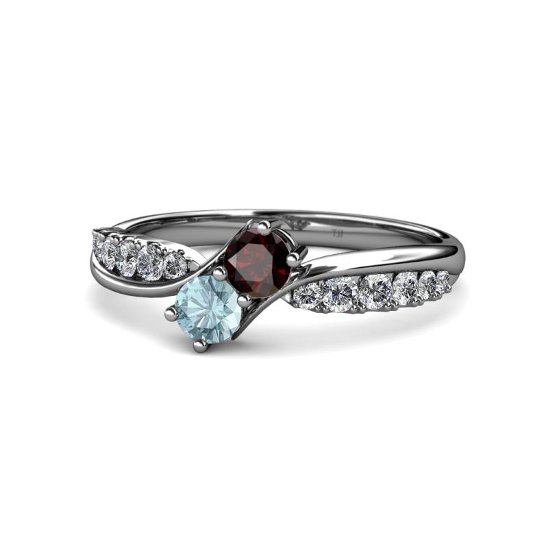 Nicia Red Garnet and Aquamarine with Side Diamonds Bypass Ring 