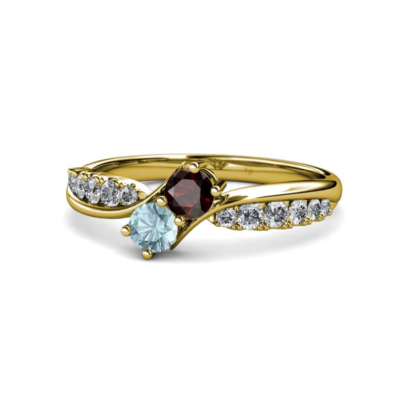 Nicia Red Garnet and Aquamarine with Side Diamonds Bypass Ring 