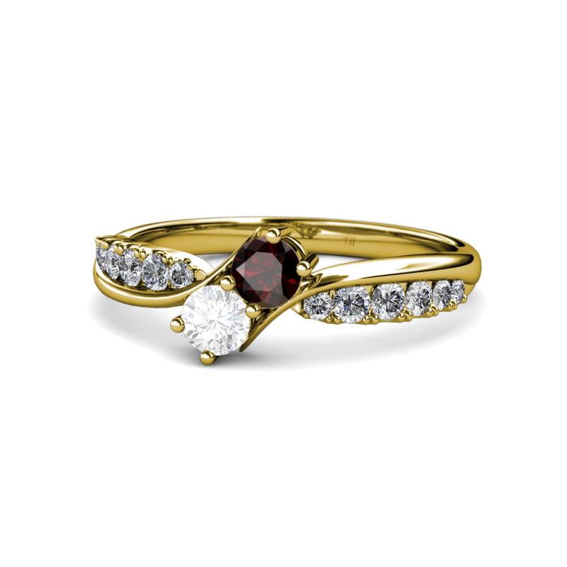 Nicia Red Garnet and White Sapphire with Side Diamonds Bypass Ring 