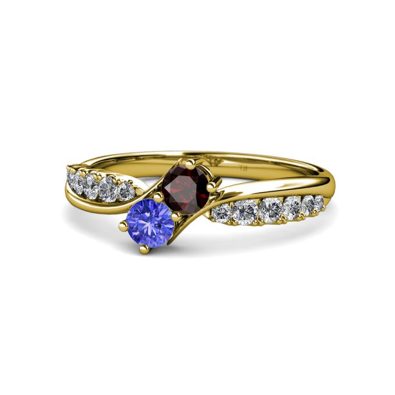 Nicia Red Garnet and Tanzanite with Side Diamonds Bypass Ring 