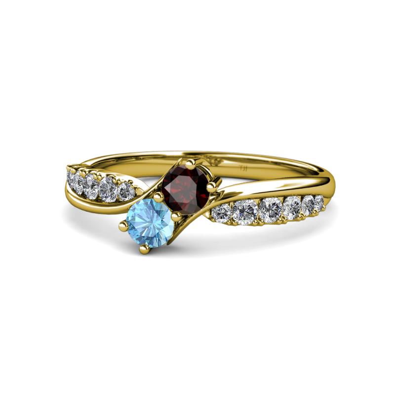 Nicia Red Garnet and Blue Topaz with Side Diamonds Bypass Ring 