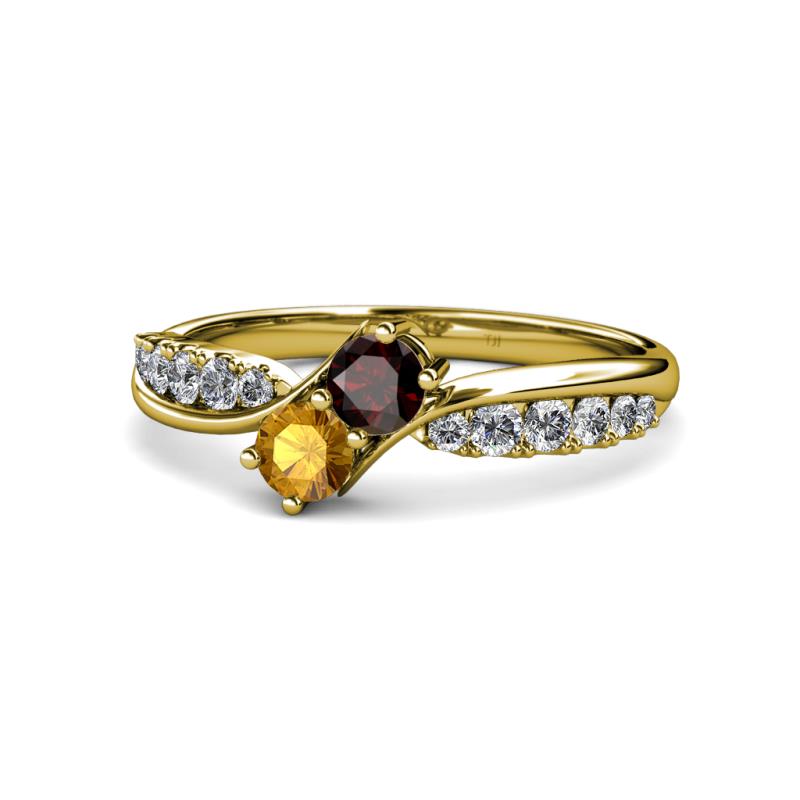 Nicia Red Garnet and Citrine with Side Diamonds Bypass Ring 