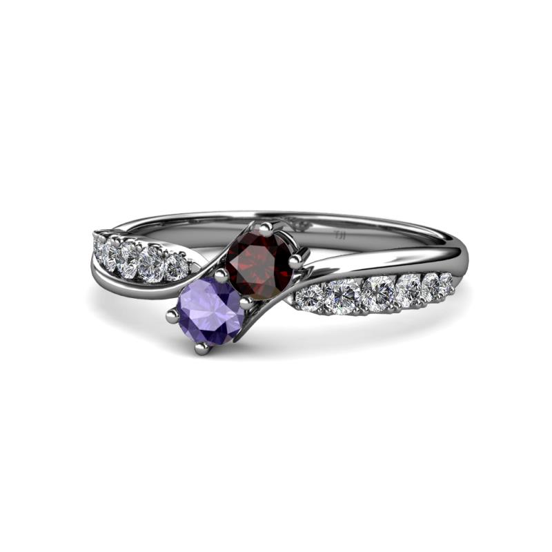 Nicia Red Garnet and Iolite with Side Diamonds Bypass Ring 