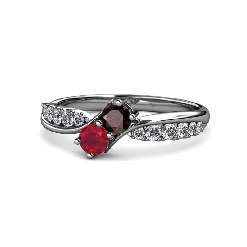 Nicia Red Garnet and Ruby with Side Diamonds Bypass Ring 