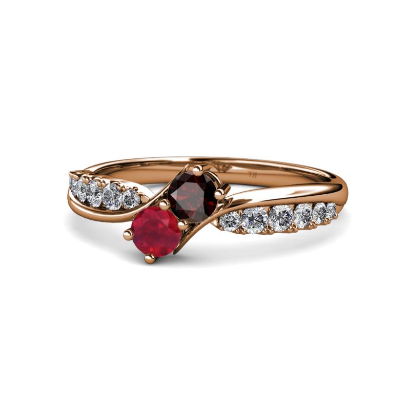 Nicia Red Garnet and Ruby with Side Diamonds Bypass Ring 