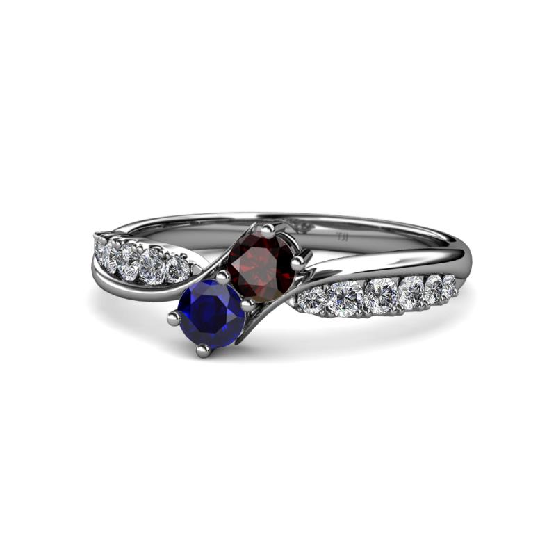 Nicia Red Garnet and Blue Sapphire with Side Diamonds Bypass Ring 