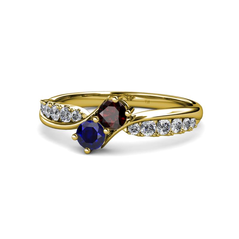 Nicia Red Garnet and Blue Sapphire with Side Diamonds Bypass Ring 