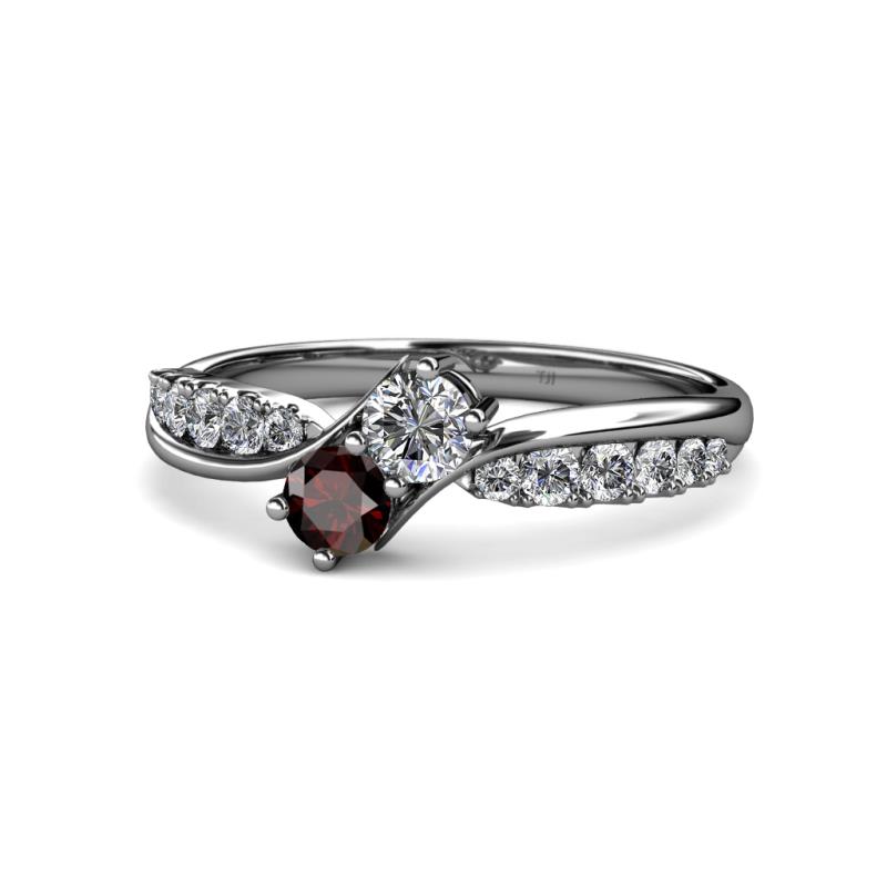 Nicia Diamond and Red Garnet with Side Diamonds Bypass Ring 