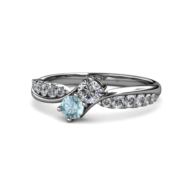 Nicia Diamond and Aquamarine with Side Diamonds Bypass Ring 