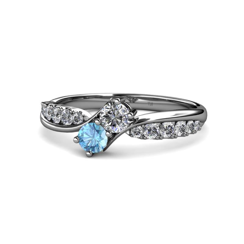 Nicia Diamond and Blue Topaz with Side Diamonds Bypass Ring 