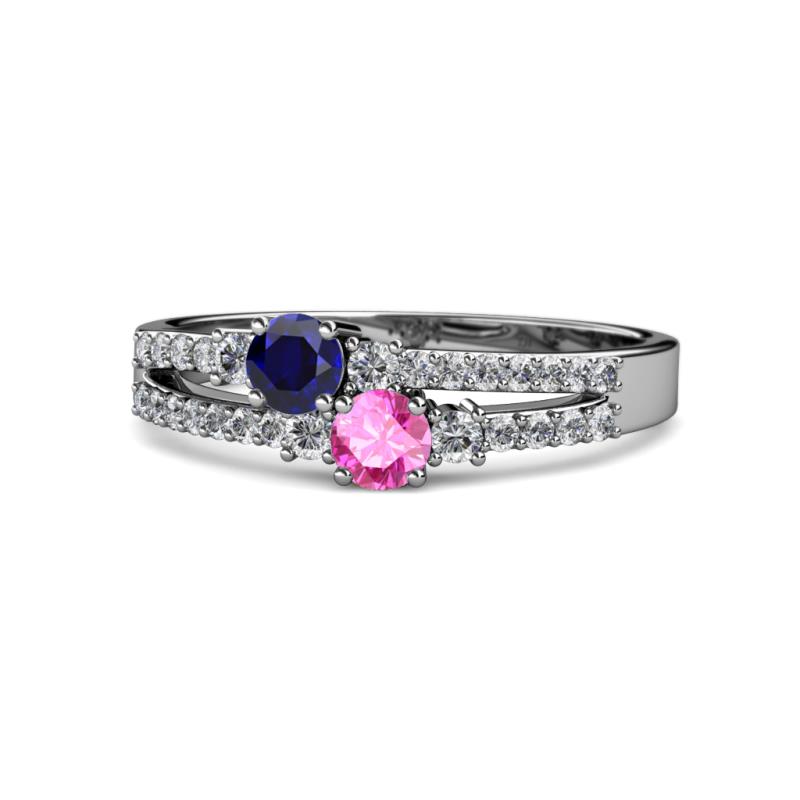 Zaira Blue and Pink Sapphire with Side Diamonds Split Shank Ring 