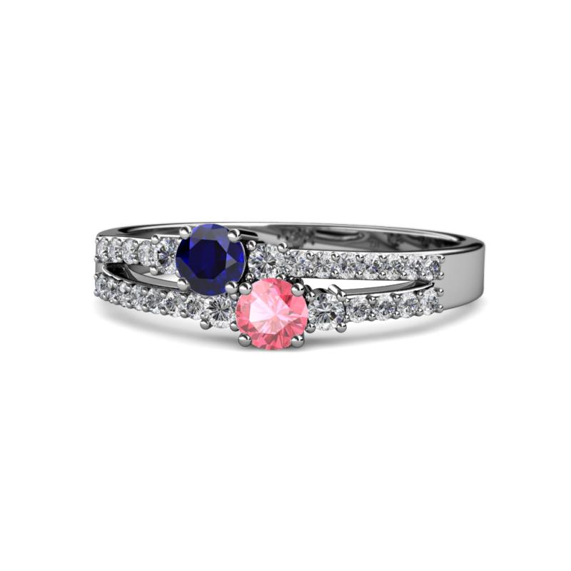 Zaira Blue Sapphire and Pink Tourmaline with Side Diamonds Split Shank Ring 