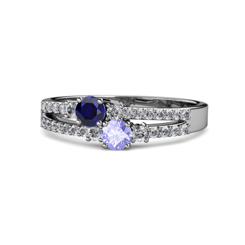 Zaira Blue Sapphire and Tanzanite with Side Diamonds Split Shank Ring 