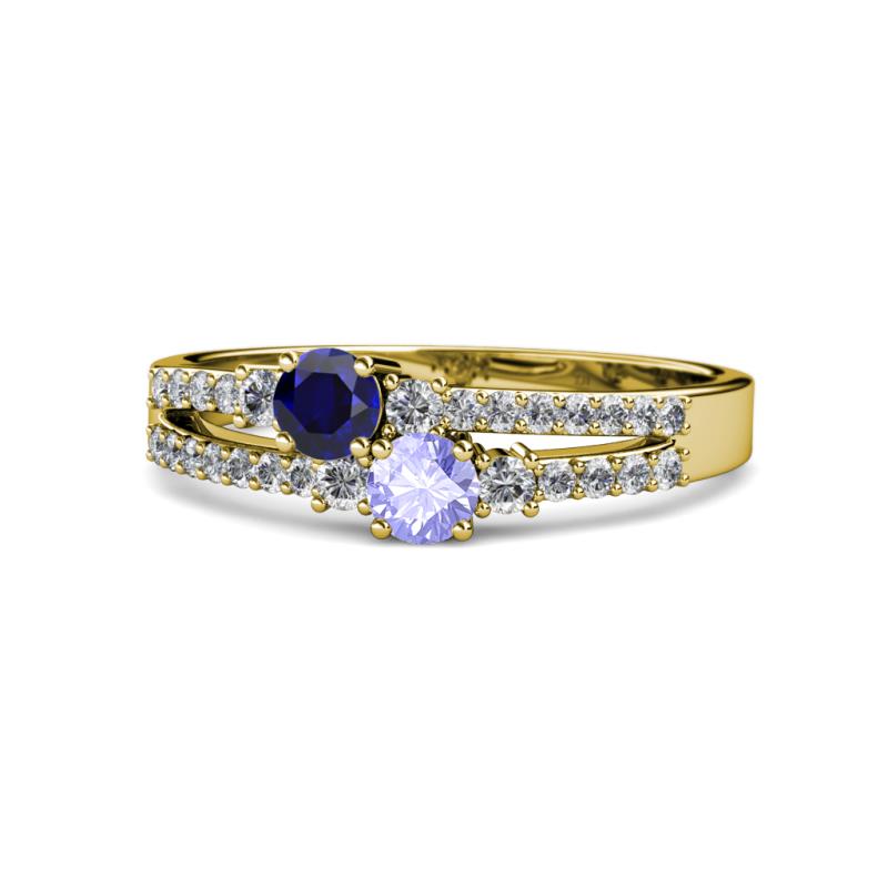 Zaira Blue Sapphire and Tanzanite with Side Diamonds Split Shank Ring 