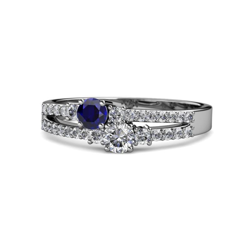 Zaira Blue Sapphire and Diamond with Side Diamonds Split Shank Ring 
