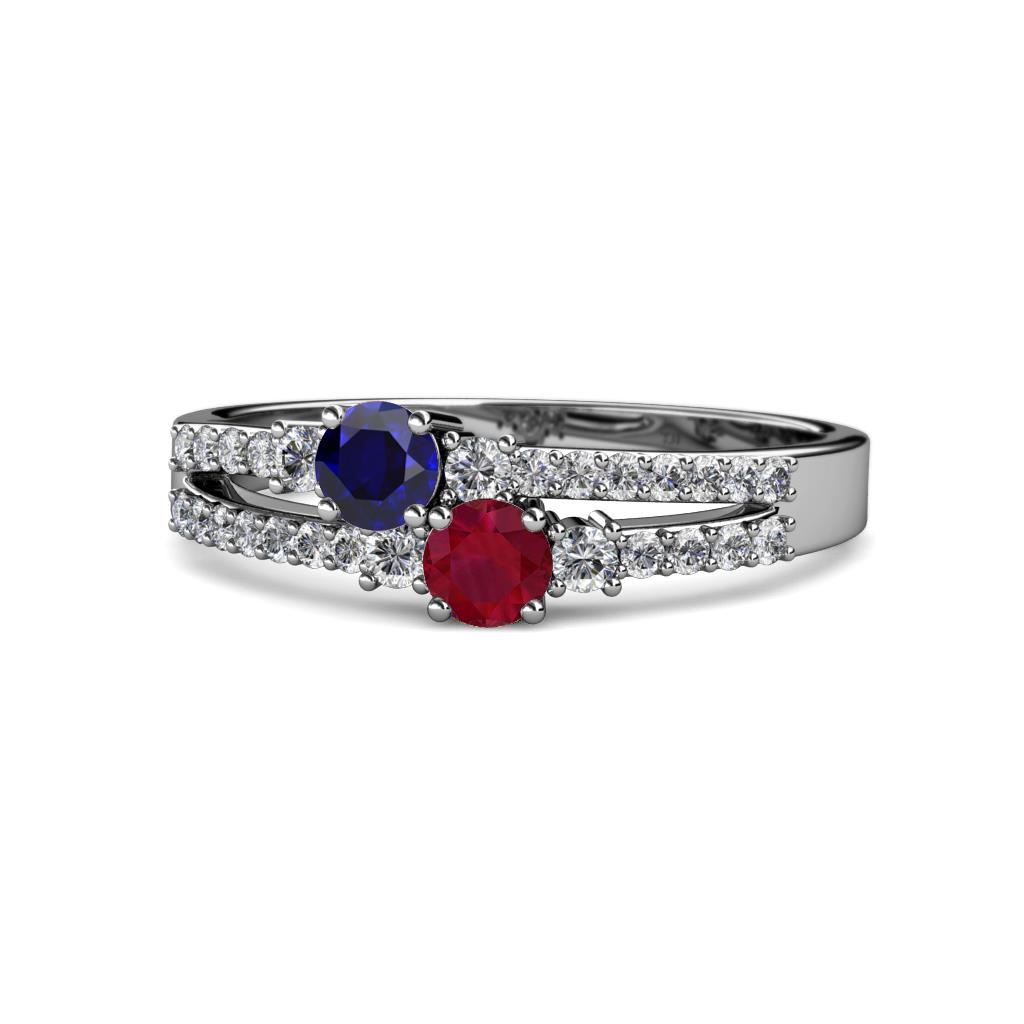 Zaira Blue Sapphire and Ruby with Side Diamonds Split Shank Ring 