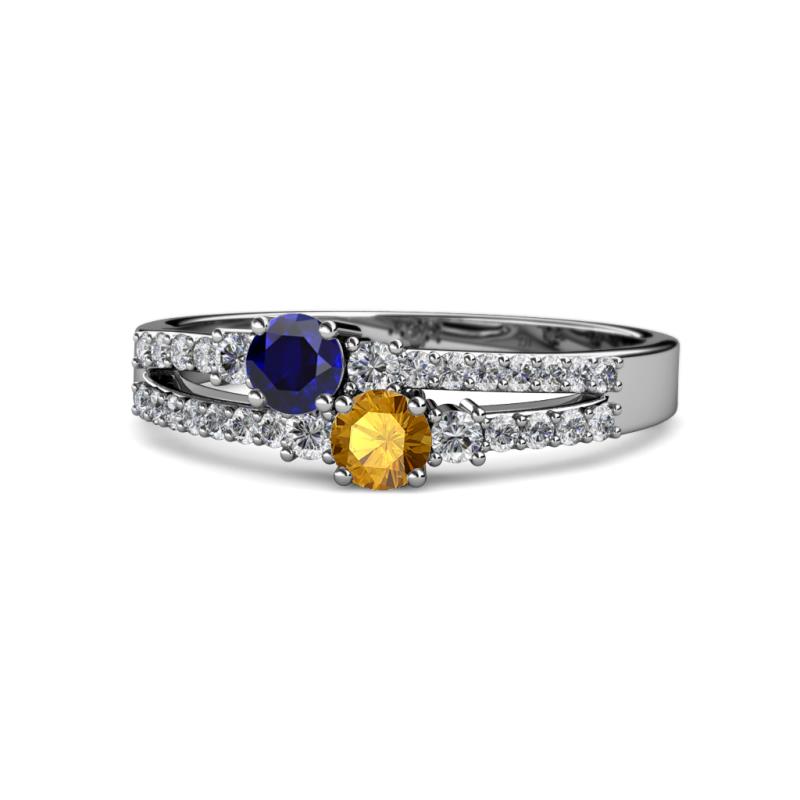 Zaira Blue Sapphire and Citrine with Side Diamonds Split Shank Ring 