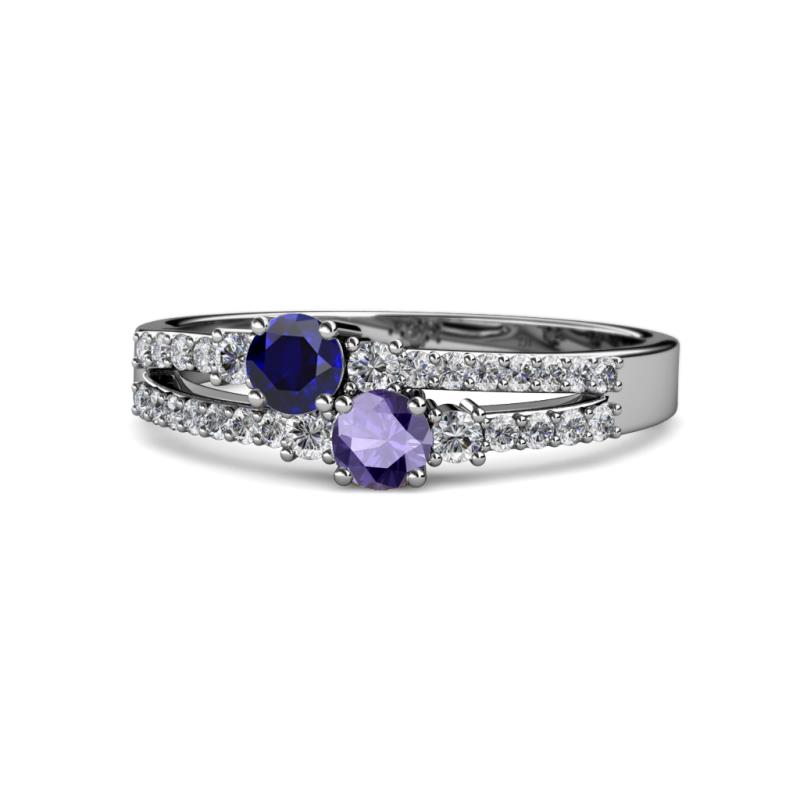 Zaira Blue Sapphire and Iolite with Side Diamonds Split Shank Ring 