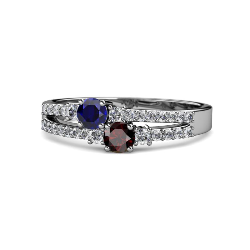 Zaira Blue Sapphire and Red Garnet with Side Diamonds Split Shank Ring 