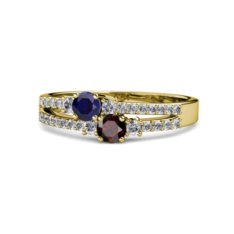 Zaira Blue Sapphire and Red Garnet with Side Diamonds Split Shank Ring 