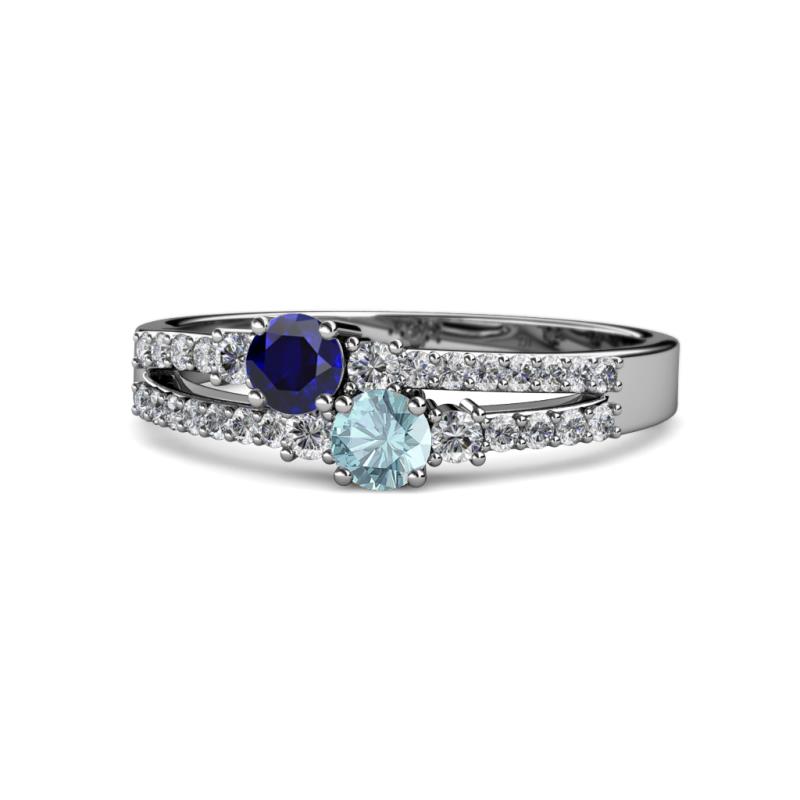 Zaira Blue Sapphire and Aquamarine with Side Diamonds Split Shank Ring 