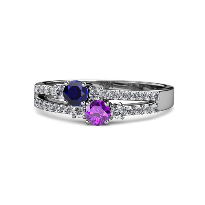 Zaira Blue Sapphire and Amethyst with Side Diamonds Split Shank Ring 