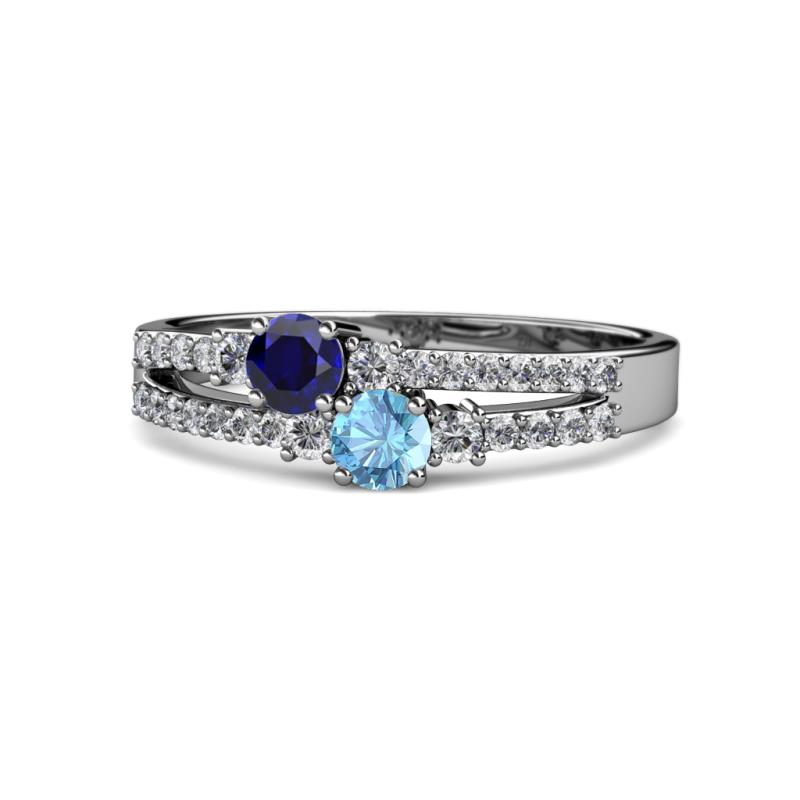 Zaira Blue Sapphire and Blue Topaz with Side Diamonds Split Shank Ring 
