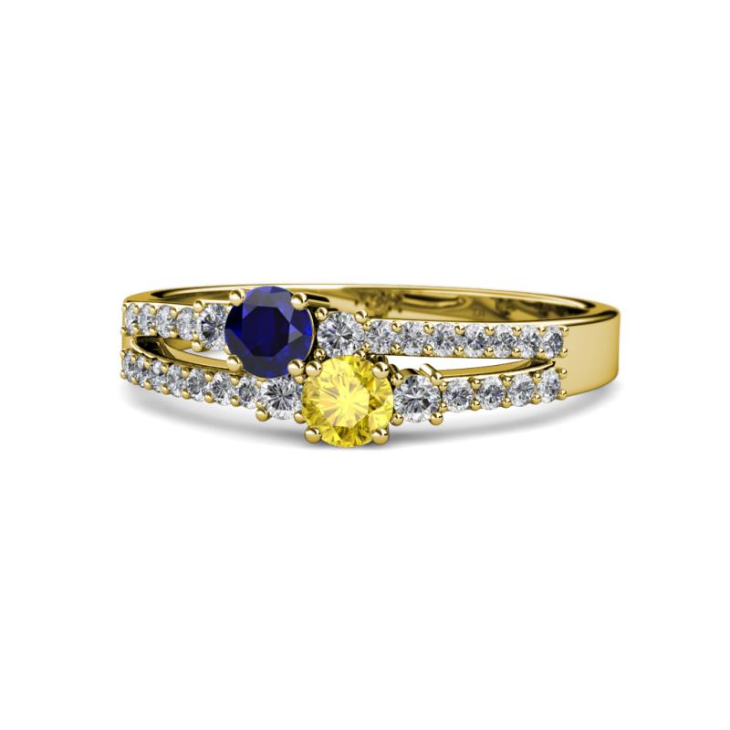 Zaira Blue and Yellow Sapphire with Side Diamonds Split Shank Ring 