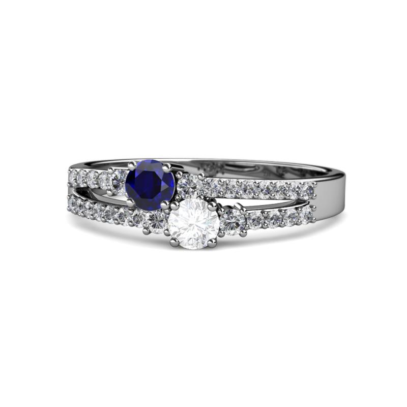 Zaira Blue and White Sapphire with Side Diamonds Split Shank Ring 