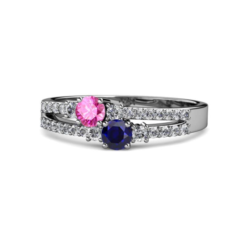 Zaira Pink and Blue Sapphire with Side Diamonds Split Shank Ring 