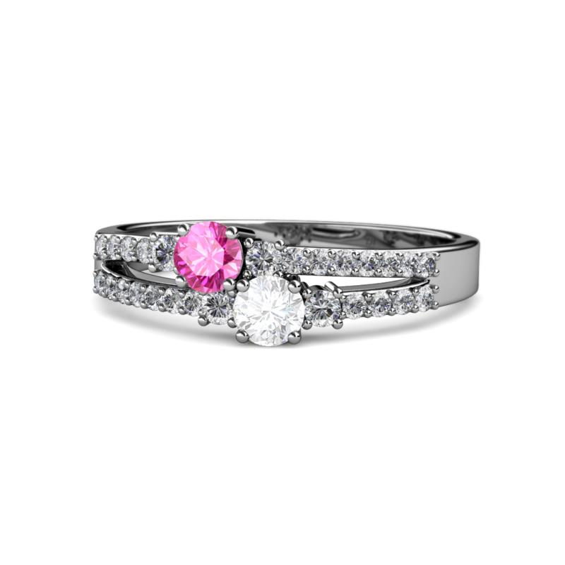 Zaira Pink and White Sapphire with Side Diamonds Split Shank Ring 