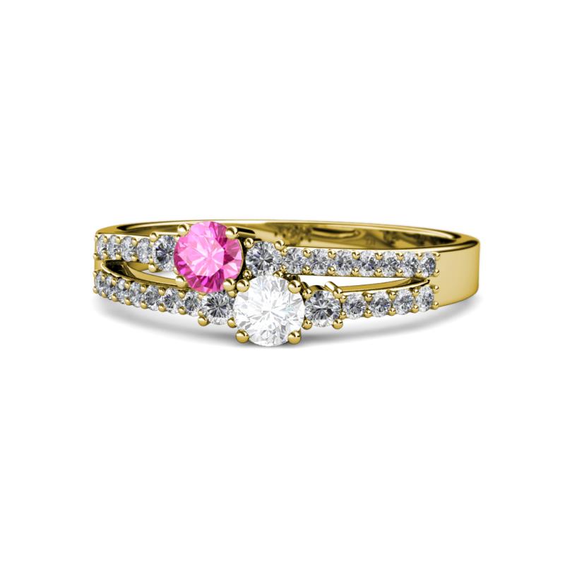 Zaira Pink and White Sapphire with Side Diamonds Split Shank Ring 