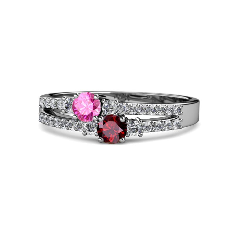 Zaira Pink Sapphire and Ruby with Side Diamonds Split Shank Ring 