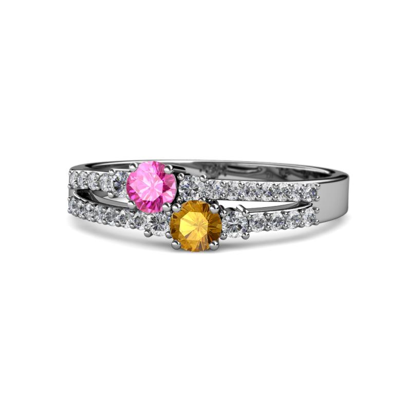 Zaira Pink Sapphire and Citrine with Side Diamonds Split Shank Ring 