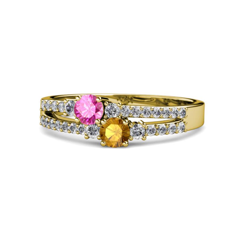 Zaira Pink Sapphire and Citrine with Side Diamonds Split Shank Ring 