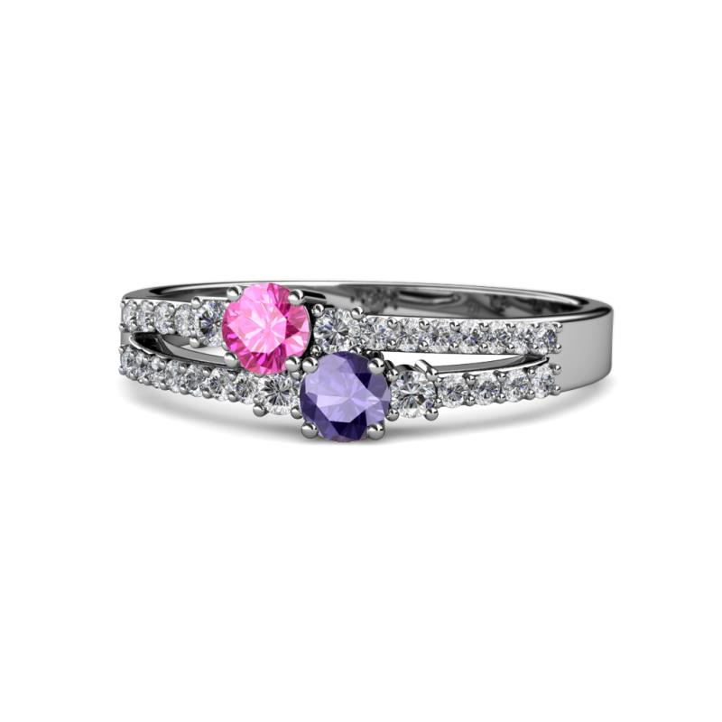 Zaira Pink Sapphire and Iolite with Side Diamonds Split Shank Ring 