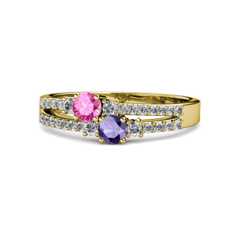 Zaira Pink Sapphire and Iolite with Side Diamonds Split Shank Ring 