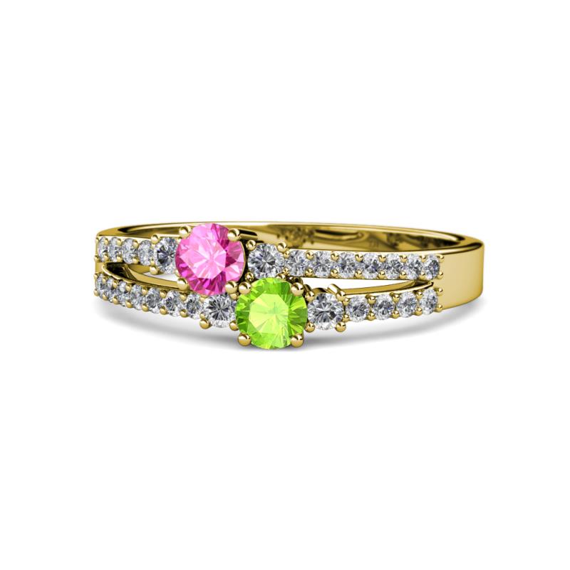 Zaira Pink Sapphire and Peridot with Side Diamonds Split Shank Ring 