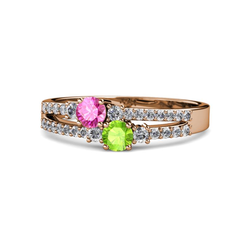 Zaira Pink Sapphire and Peridot with Side Diamonds Split Shank Ring 